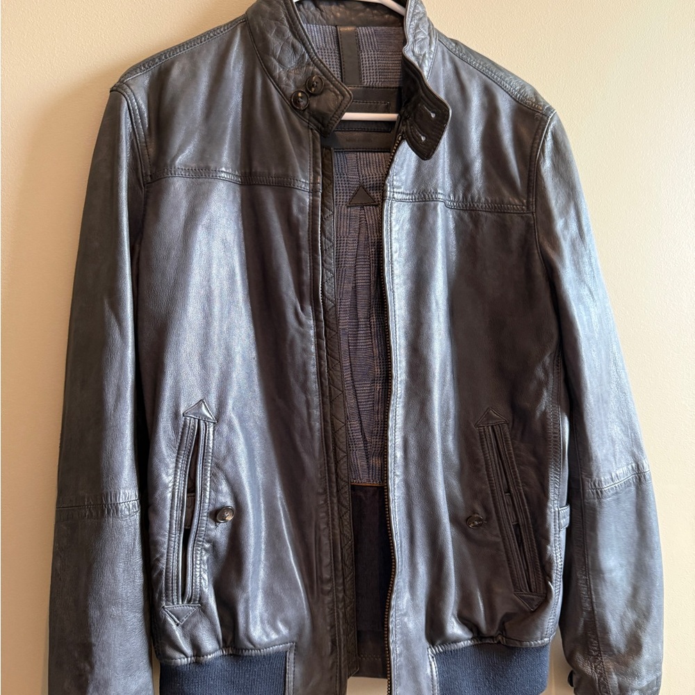 Massimo Dutti Dark Gray Leather Bomber Jacket